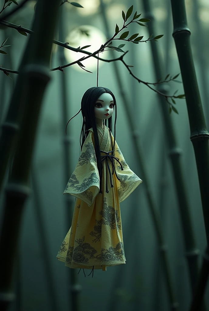 a spooky photo of a Chinese paper doll in dark bamboo forest