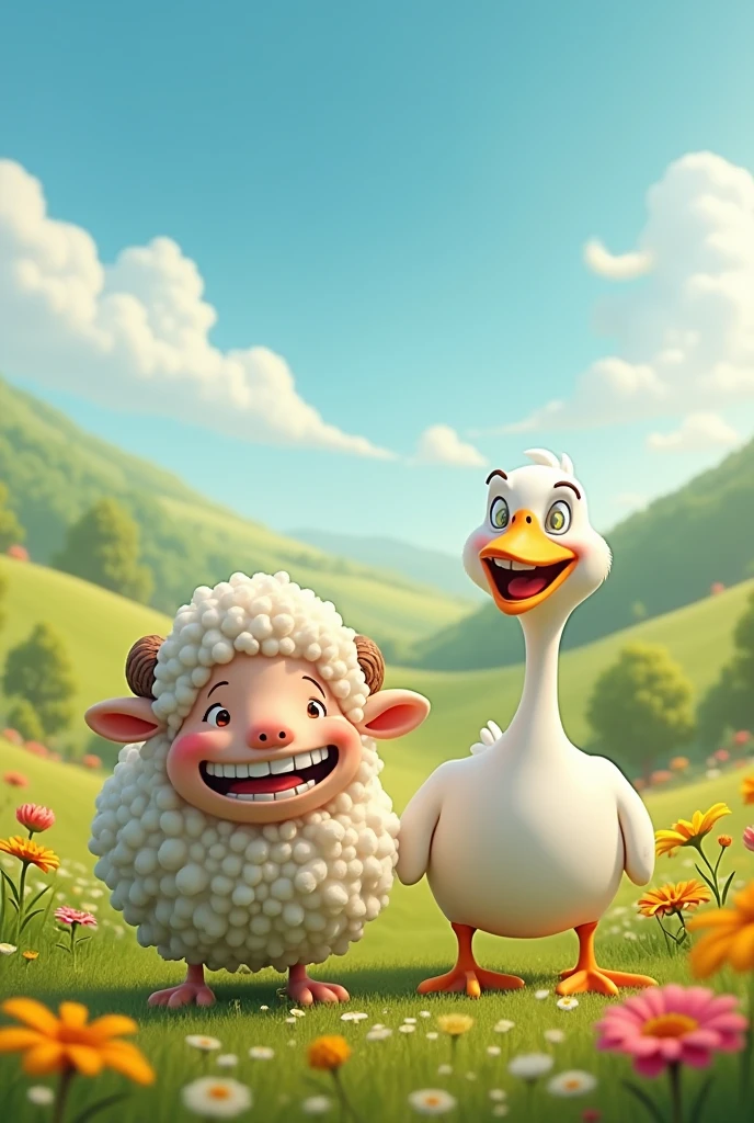 Peux tu remplacer le personnage en bas a gauche par un gros mouton souriant et le personnage en bas a droite par une oie musclee souriante?