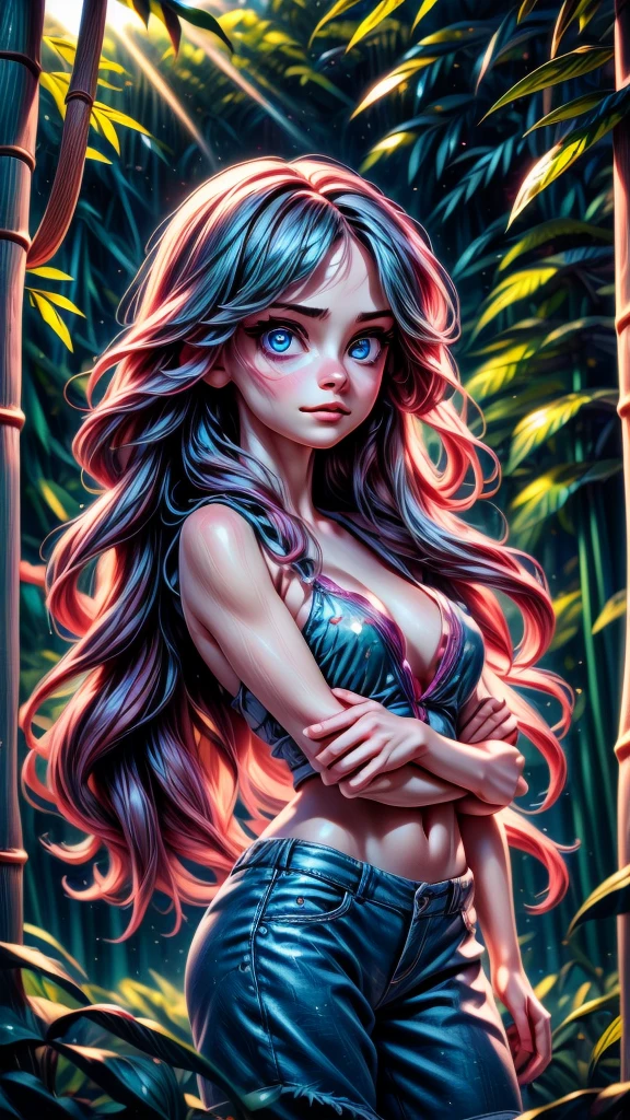 a dynamic pose of a person meditating in a bamboo forest,beautiful detailed eyes,beautiful detailed lips,extremely detailed eyes and face,longeyelashes,1girl,high quality,8k,photorealistic,masterpiece,ultra-detailed,realistic,vivid colors,dramatic lighting,moody atmosphere,cinematic composition,dramatic shadows,natural environment,lush vegetation,sun rays through leaves,dynamic movement,peaceful expression