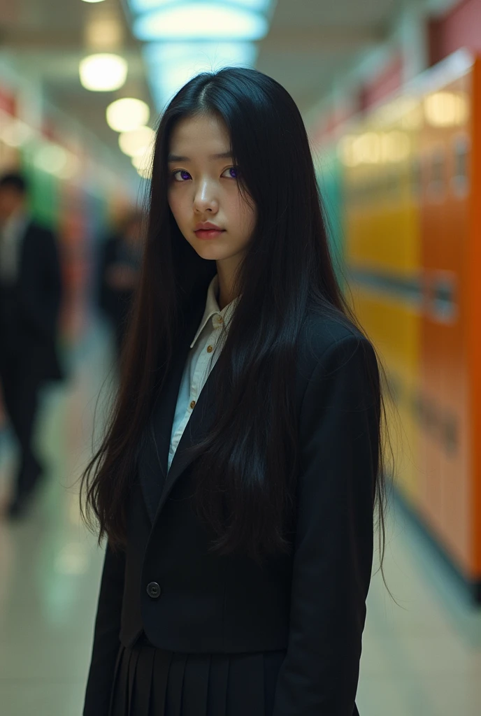 female ager, nice face, black hair, long as night, purple eyes and a lost gaze, a school uniform and a perfect face