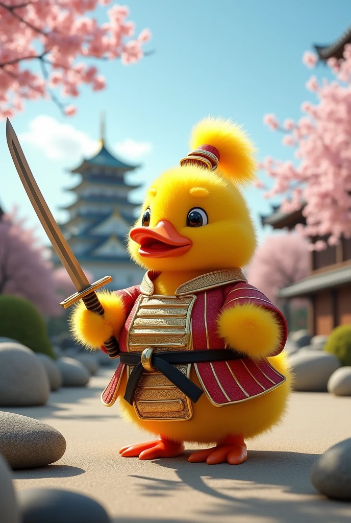 Yellow soft fur duck with pony tail hair wearing gold and red samurai costume holding japanese sword, zen garden background with japanese castle