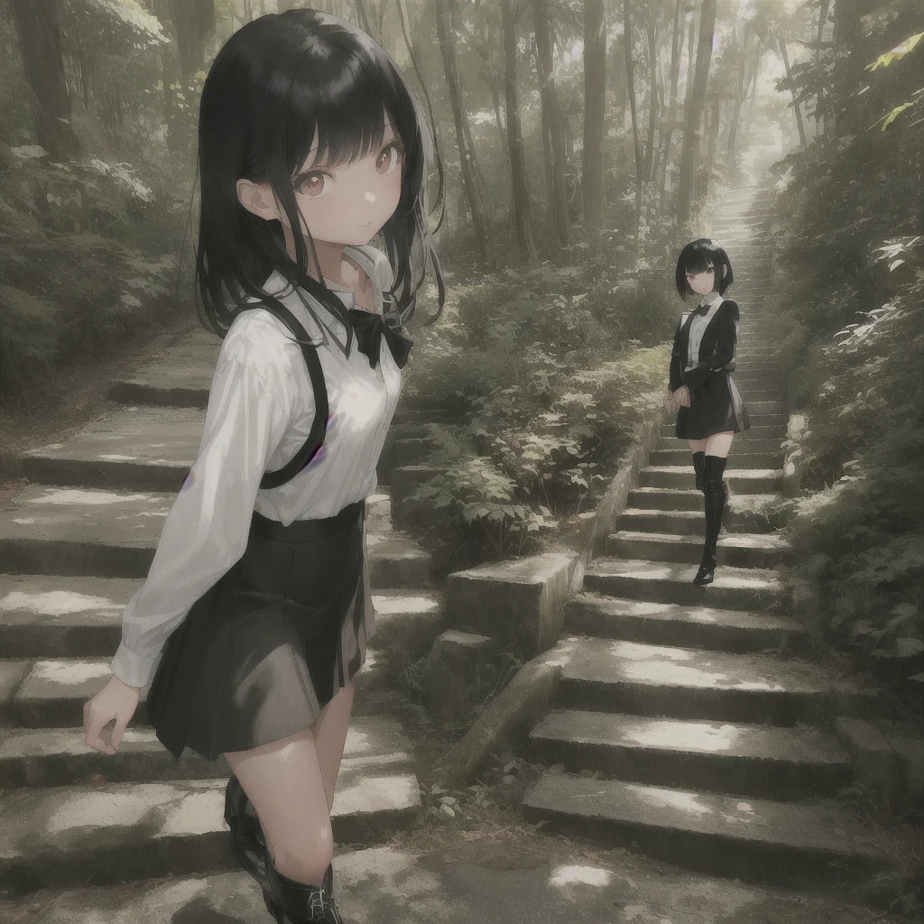 Asian teen girl, shoulder length bangs, black hair, pretty face, brown eyes, pretty face, sharp face, black tuxedo shirt, shirt black skirt, black boots, walk up an old concrete stairs in the forest