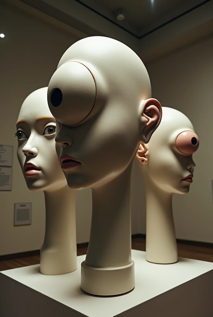 THREE BEINGS, THE FIRST ONE WITH A HEAD WITHOUT EARS, NOSE OR MOUTH, JUST ONE GIANT EYE, THE SECOND WITH A LARGE HEAD WITHOUT EARS WITHOUT NOSE ONLY GIANT LIPS, THE THIRD HEAD WITHOUT EYES WITHOUT LIPS WITHOUT NOSE ONLY WITH A VERY LARGE EAR WITH A SURREALIST AND MUSEUM ART TONE, BUST STYLE. KEEP THE STYLE BUT DEFINE THE FEATURES WELL BASED ON WHAT I REQUIRE AND WROTE TO YOU IN THE TEXT