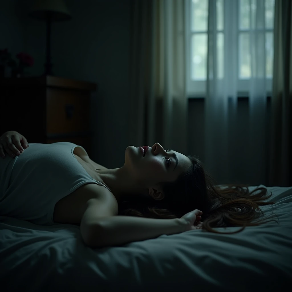 Human POV: seeing the detailed real facial expression of a female, lying unconscious on a bed after I took her life, suffocated to death with a pillow, her eyes wide with fear of losing her life and looking at the ceiling and her mouth slightly open.