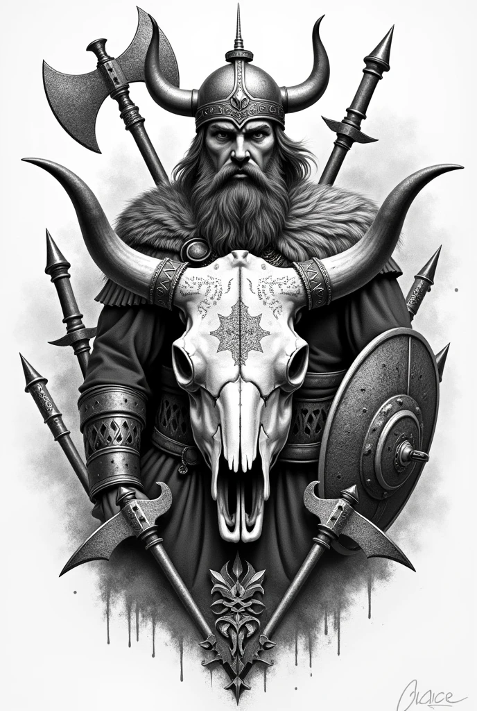 Create a black and white pointillism tattoo of a viking cow skull with a pointillism viking warrior with runes and medieval weapons in pointillism 