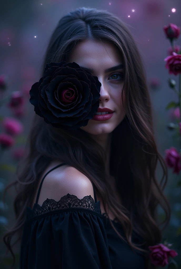 A woman with black rose hiding face with a smile