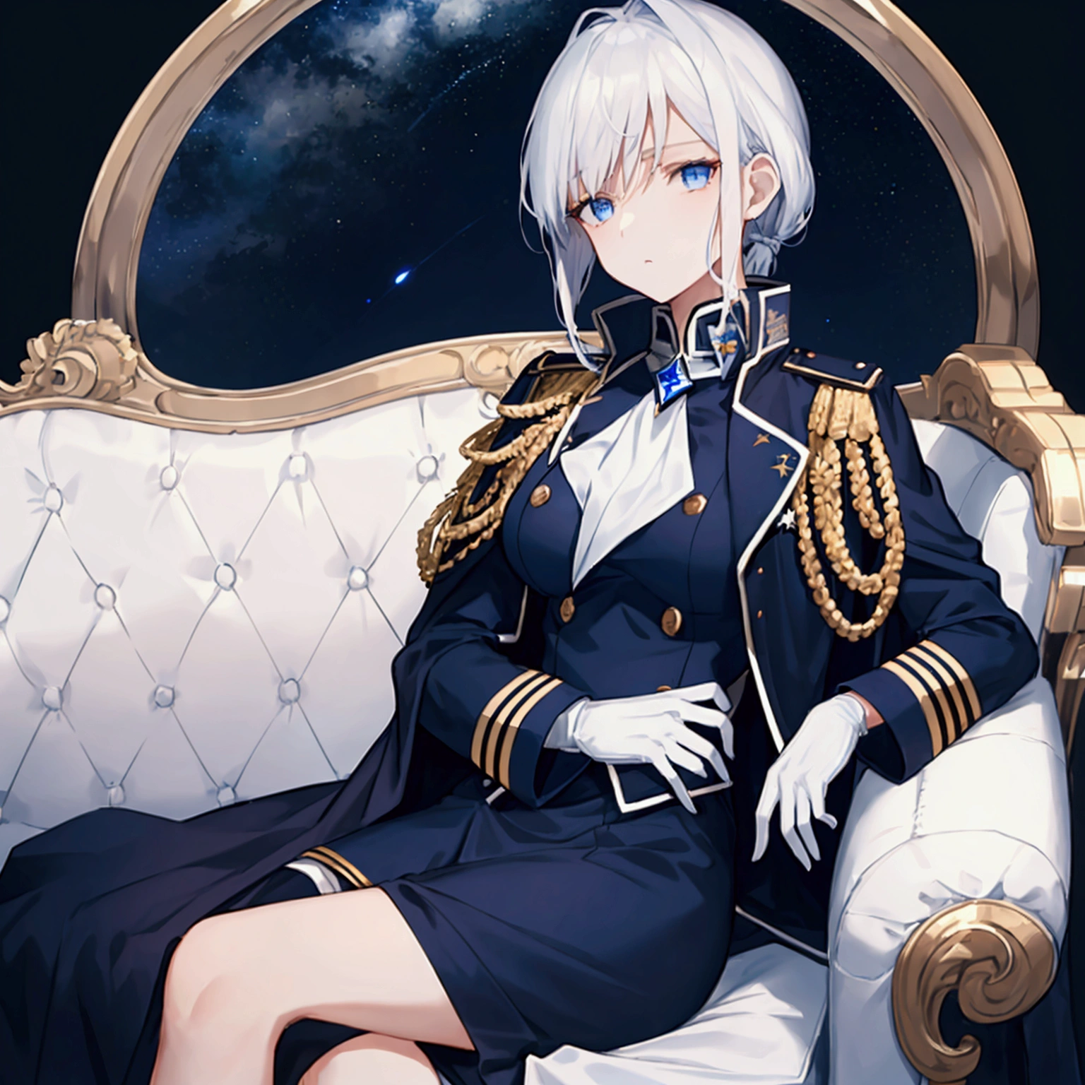 Night sky background, night time, Military uniform, dark blue uniform, white cape, white glove, 1woman, solo, white hair, high collar, tied hair, shining hair, medium-large breast, sitting on couch, facing viewer, arrogant,