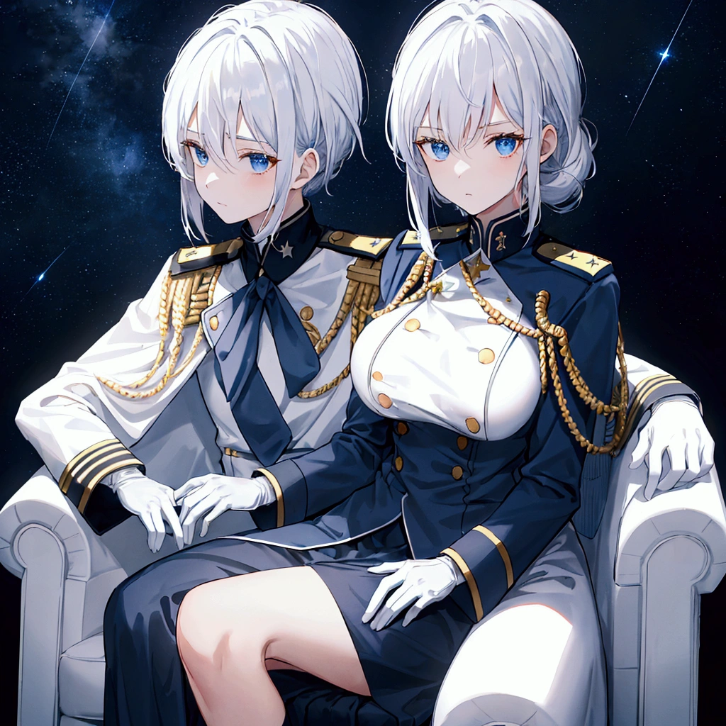 Night sky background, night time, Military uniform, dark blue uniform, white cape, white glove, 1woman, solo, white hair, high collar, tied hair, shining hair, medium-large breast, sitting on couch, facing viewer, arrogant,