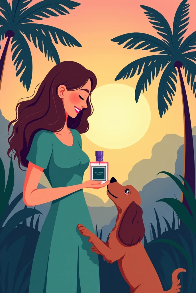 Minimalist illustration with green colors , purples , pinks and blues of a woman with brown hair , a little chubby holding a bottle of perfume while a brown cocker spaniel dog tries to smell it , facing a tropical forest with exotic leaves , Palm trees and the sunset