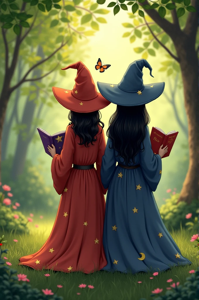 Make me two friends with their backs to me, each one reading a book, Let the books be seen, one with shoulder length wavy hair and the other with long hair, straight hair, both with black hair and dress them as witches with a Disney and magical style