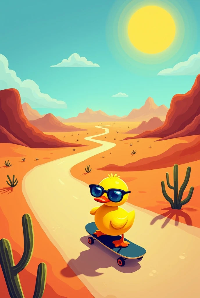 Create an image of a desert landscape with a road in a side way, simple drawing, that has a duck on a skateboard with sunglasses, now that the camera is not on the road