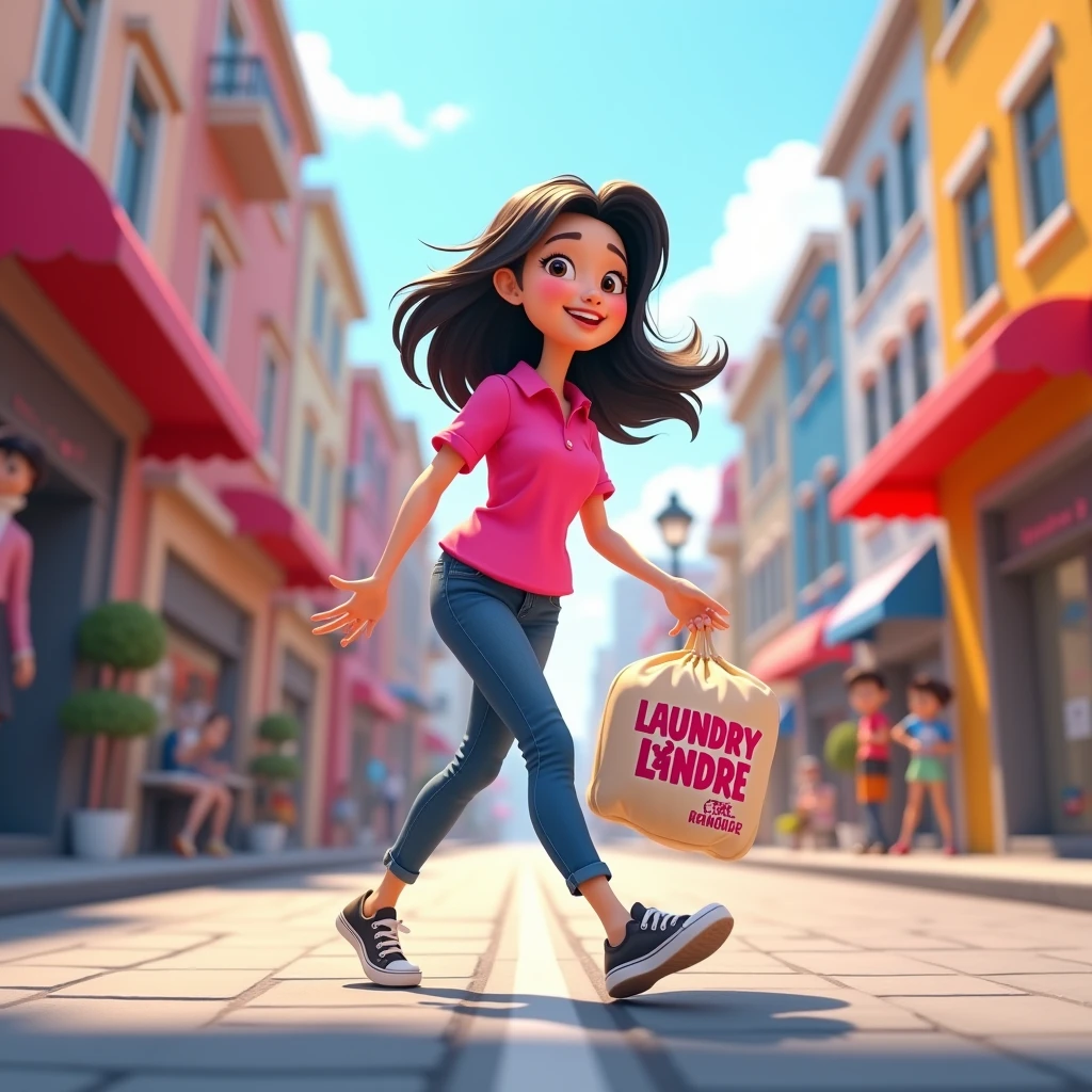 3D cartoon, HD, a chinese woman as a laundry courier, wearing a pink shirt, carrying a laundry bag with title MISTER LONDRE , says "LAUNDRY TIME KAK" , no logo in caps