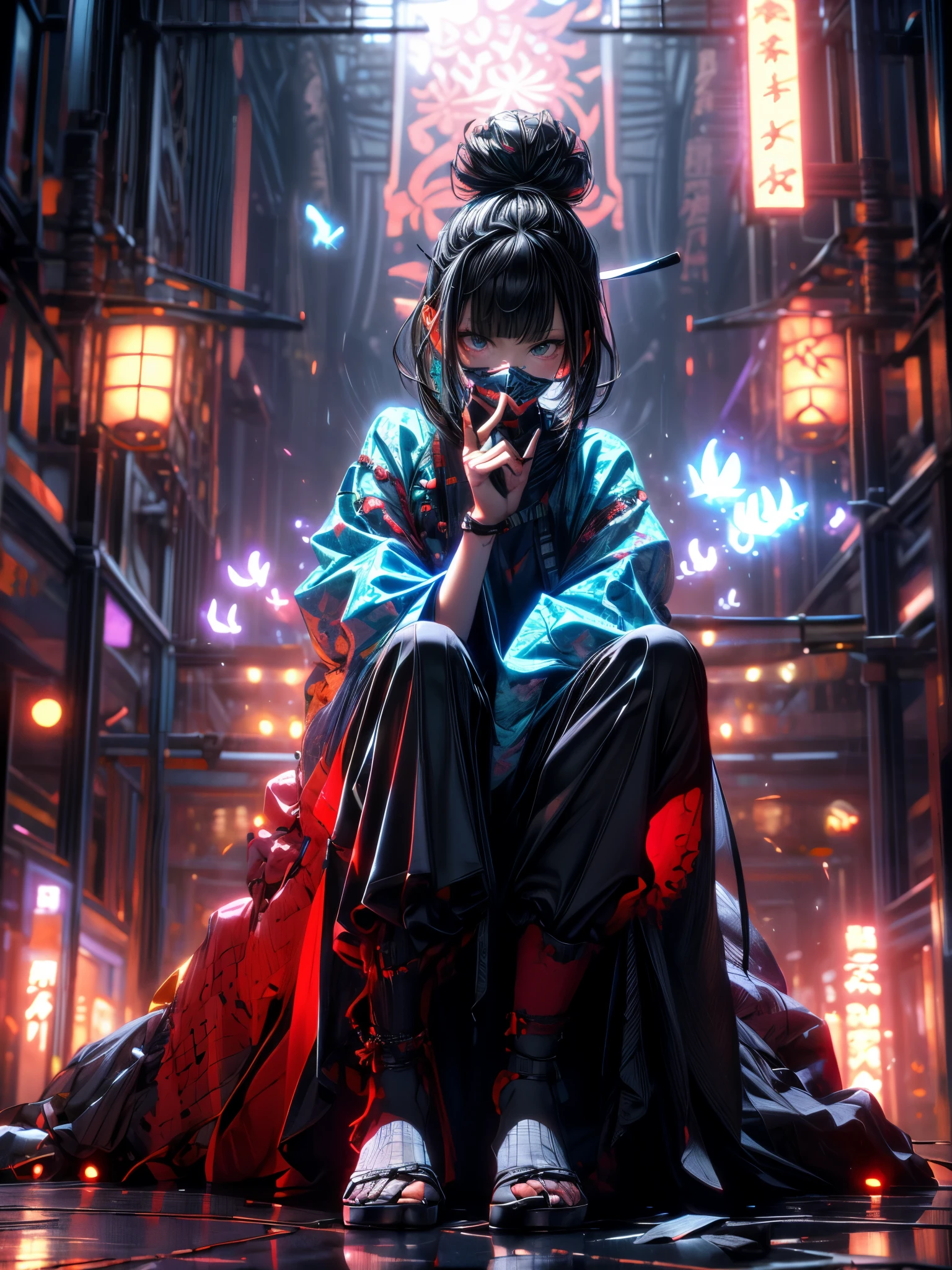 (masterpiece:1.2), best quality,cg,3d, Samurai girl,
Samurai girl, weapon, sword, solo, holding, black hair, holding weapon, bangs, bug, blunt bangs, holding sword, butterfly, mask, 1girl, long sleeves, single hair bun, hair bun, glowing, reflective floor, katana, indoors, facing viewer, long hair, reflection, sitting, full body, wide sleeves, jewelry, sheath, one knee, beads
 