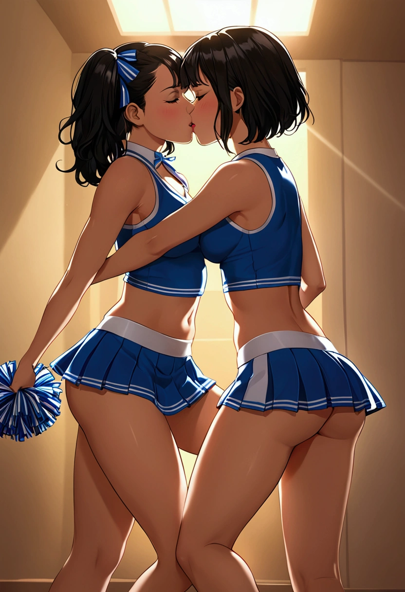 2 cute Latina cheerleaders with short black hair, short skirt, in panties kissing each other very sensually grabbing each other's hips in a well-lit room