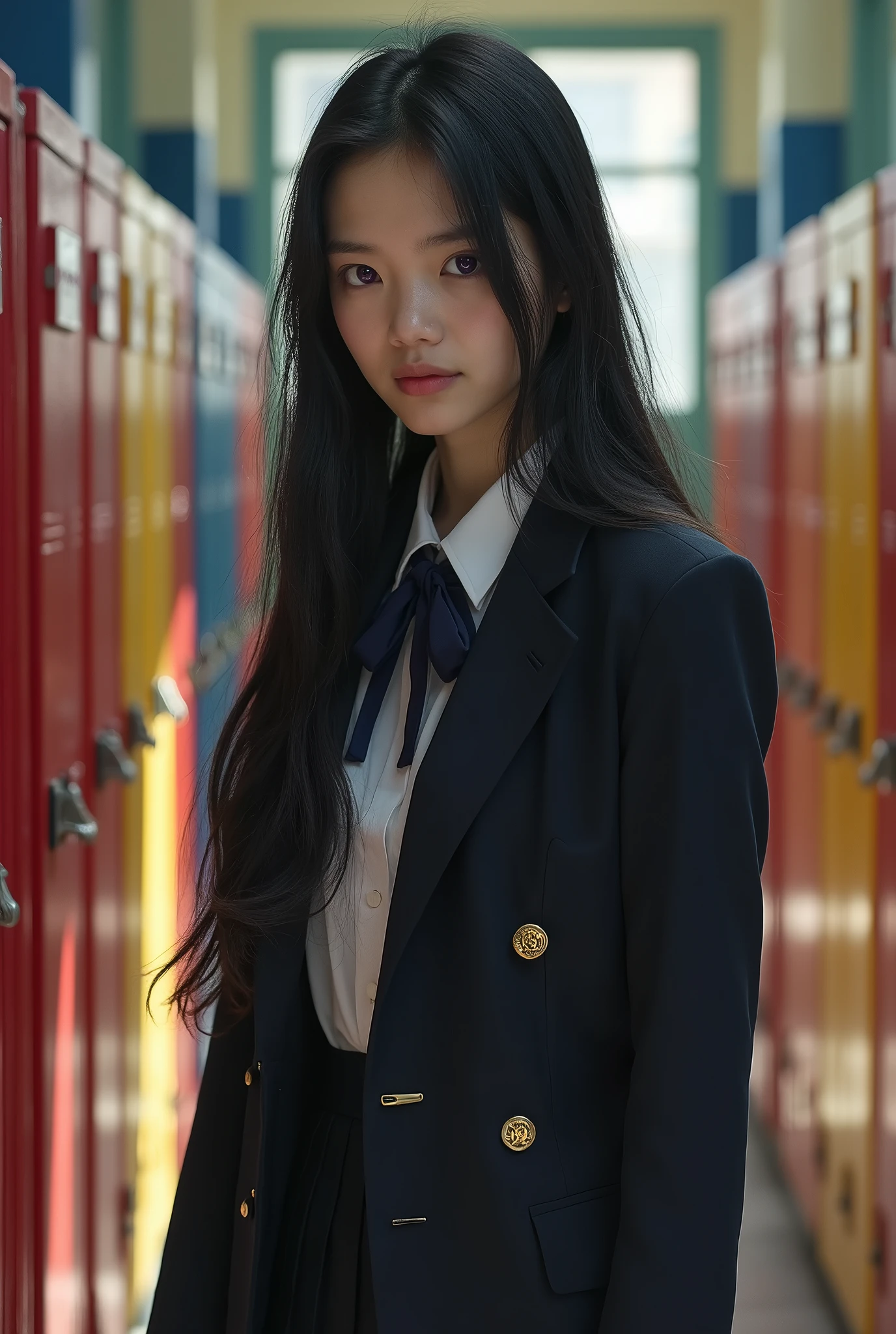 female teenager, nice face, black hair, long as night, purple eyes and a lost gaze, a school uniform and a perfect face