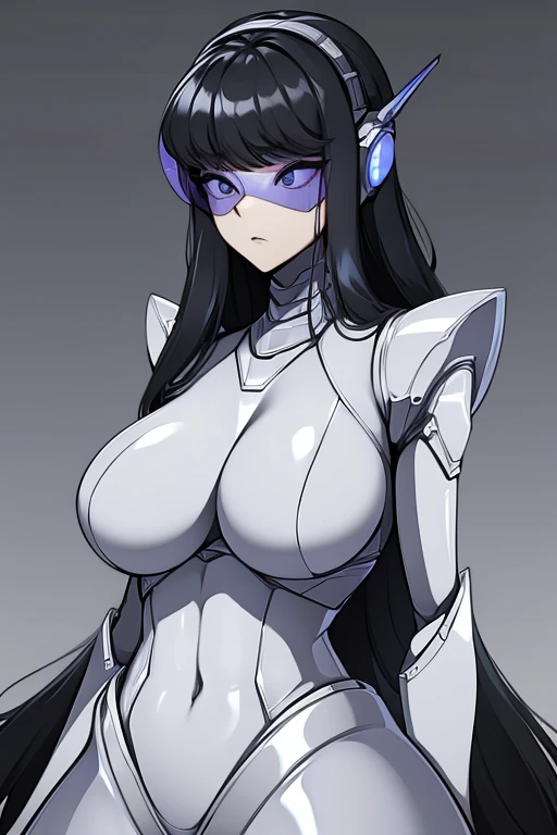 empty eyes,robotization,woman ,big bust,Robot Joint ,Metal skin,Black Suit,long hair,a suit that covers the whole body