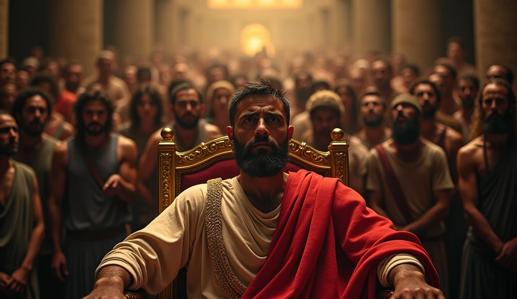 A dramatic scene of Pontius Pilate sitting on his governor's chair, with an expression of doubt. The court is full of people with various expressions of anger and expectation. Warm and dark colors predominate, with a light that highlights Pilate.