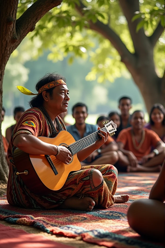 A realistic indigenous person playing guitar for several people