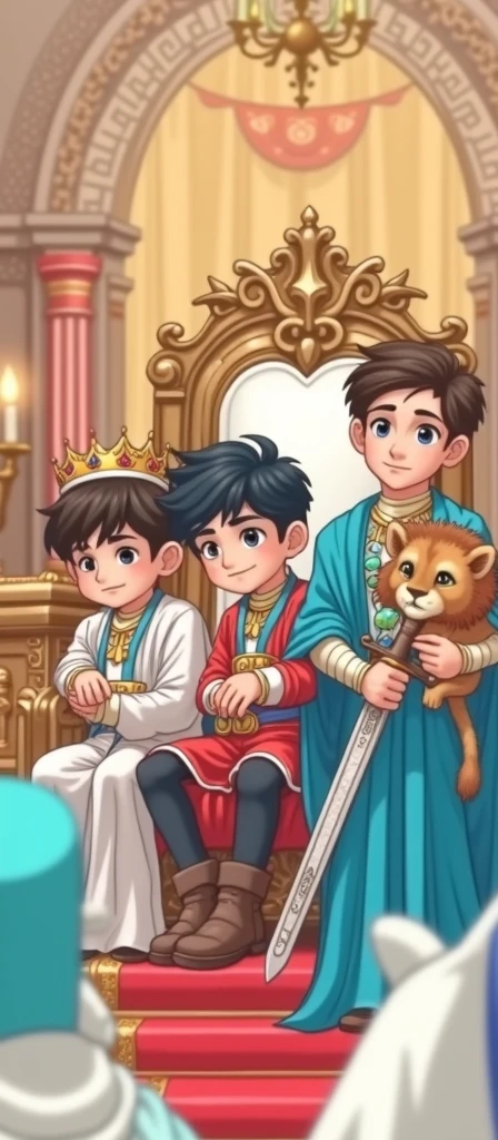 The boys sitting on the empire 👑 chair and handling lion and wearing king jewelleries and holding 🗡️ sword and 
