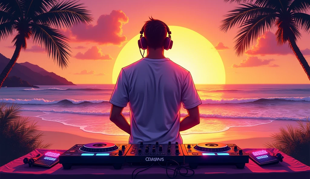 artistic illustration, a DJ with his back to the viewer, in the background a beach with a sunset, neon energy