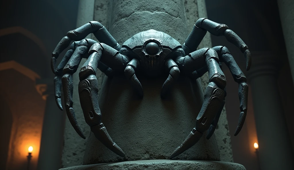 An ancient spider/crab statue in a pillar. It has only one eye. It is made entirely of stone. It is dark. Very dark 