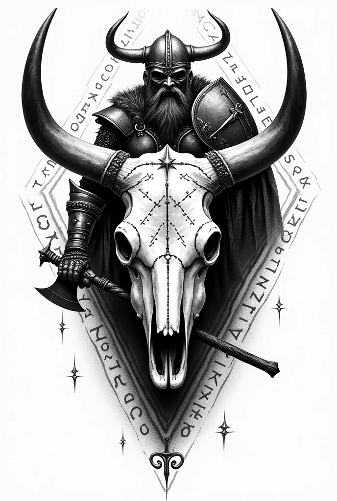 Create a black and white pointillism tattoo of a viking cow skull with a pointillism viking warrior with runes and medieval weapons in pointillism