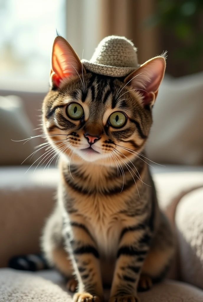 I tried giving the tabby cat a crew cut。
Make it even more like a crew cut。
Wearing a Katsura hat on a crew-cut head