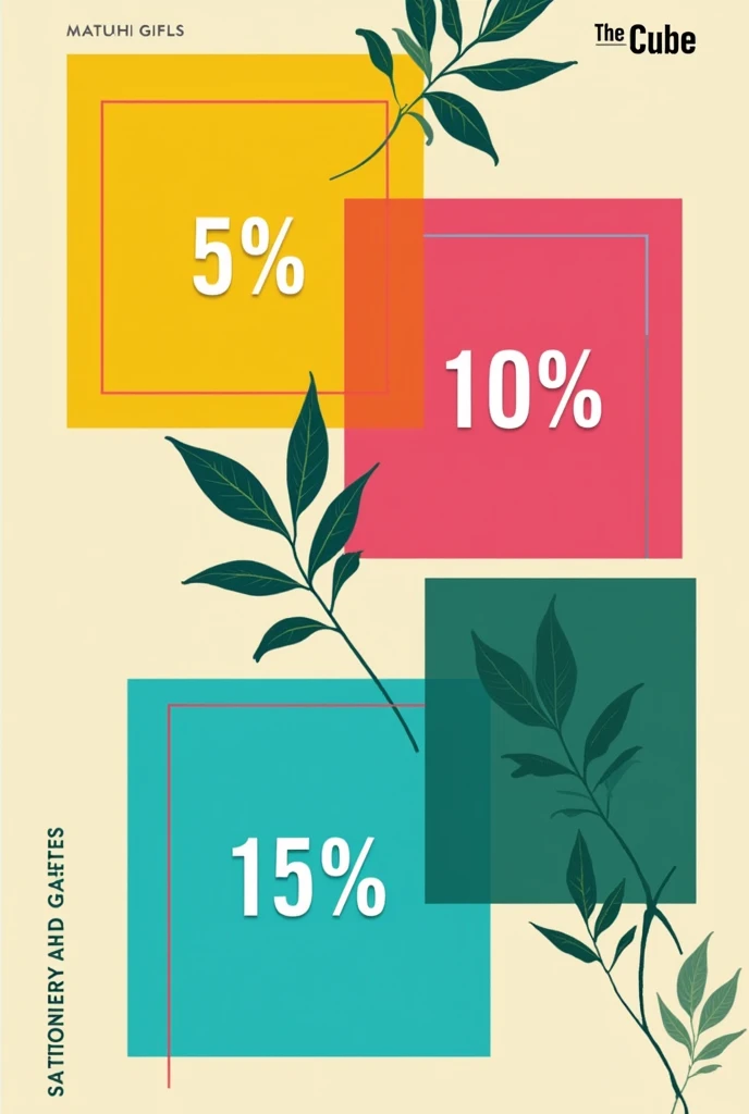 A 5 discount flyer, 10 and 15 % with yellow colors, fiusha, turquoise blue and green from a store called "stationery and gifts the cube", use a sober and elegant style, use straight lines and geometric shapes that go according to the colors 