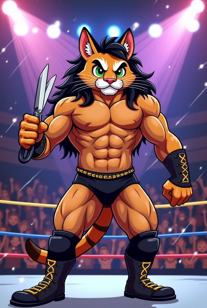 Cartoon bobcat dressed like WWE wrestler Brutus Beefcake , with a muscular body, arm sleeves, with long black hair and holding giant scissors