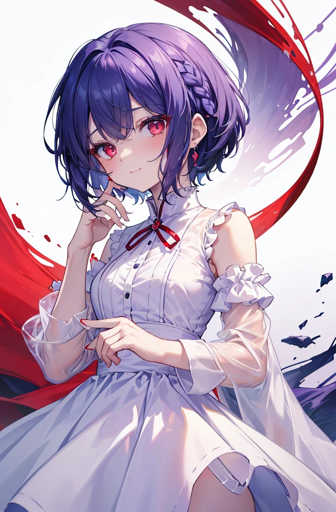 {{masterpiece}}, The best quality of life, 超High resolution, Attention to detail, high quality, High resolution, 最high quality, 4K, 8k,Attention to detail,(((Perfect hands)))、I have only five fingers,((short indigo hair、Deep blue short hair)Braided Hair) 、 Cute female, 、One woman、(((Crimson Eyes、Red eyes、Red eyes、Beautiful attention to detail,A woman with beautiful eyes)))、Expressionless adult woman、((White background))、small but well-shaped breasts,、(((Modern Fashion,Pale purple shirt dress、No sleeve)))、standing smiling、Cute Smile、Small earrings