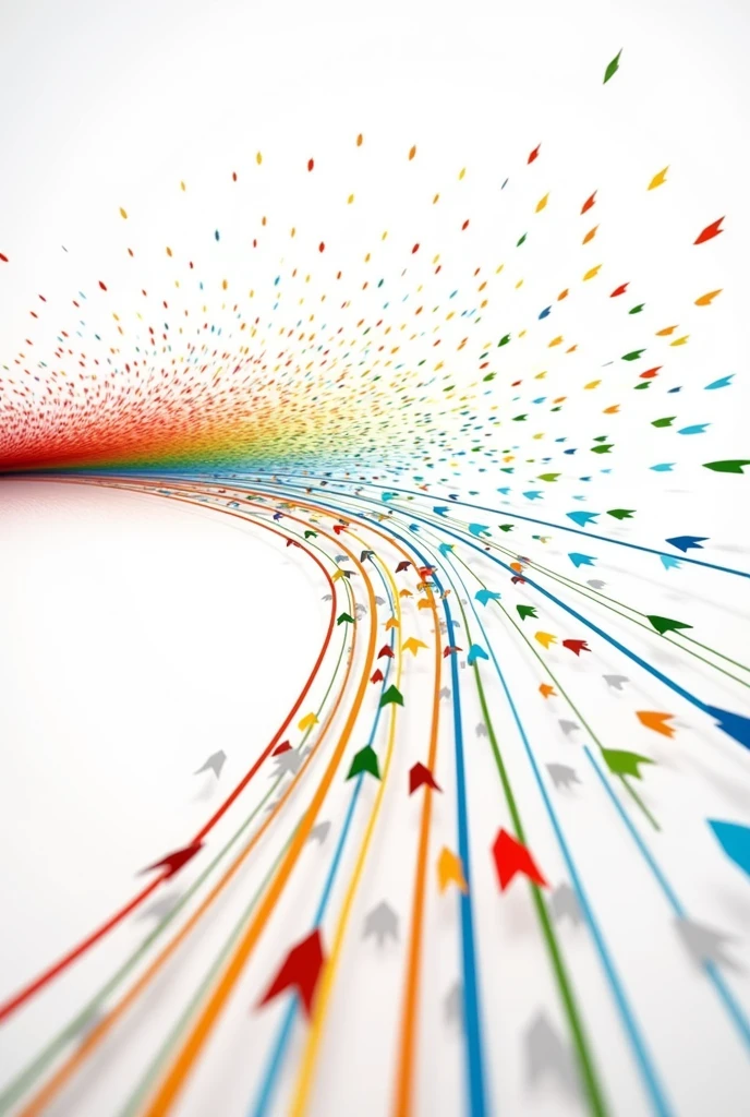 I want an image where you can see arrows mixed together in colors and thin that as they advance they are ordered until they are parallel with a white background, In the end, they have to be PARALLEL