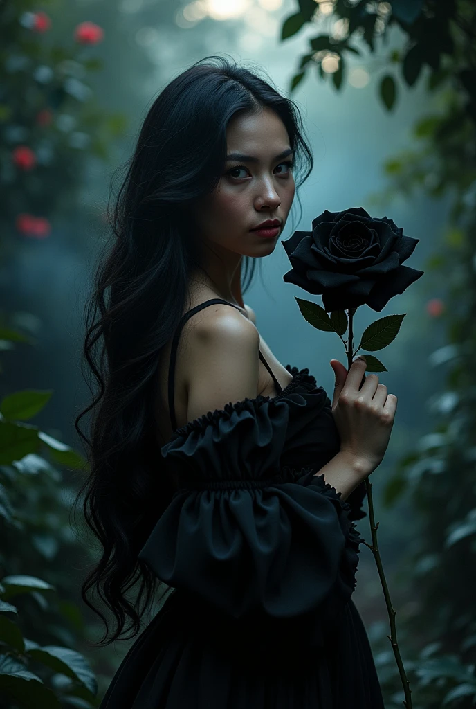 A woman with black rose in her hand hiding face with a smile