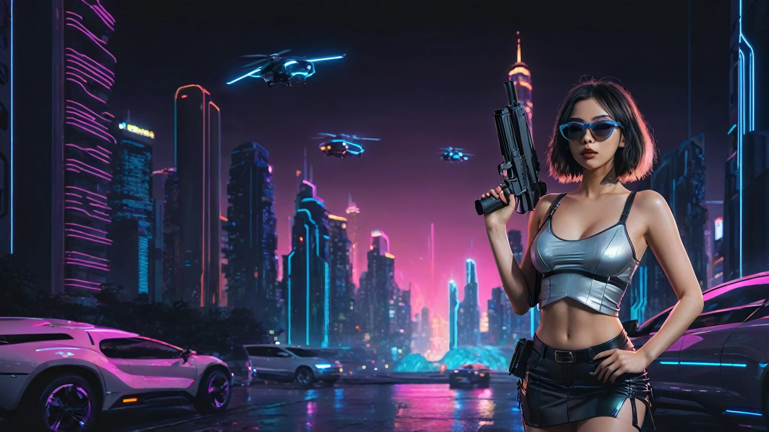 At night, simple outlined cyberpunk city, flying cars, neon waterfall, line art background. (1girl, solo), photo realistic, medium-breast:1.3 slim body, cleavage, sling top, miniskirt, black sunglasses, holding a short gun, half-body thigh level medium shot, cinematic lighting, ray tracing.