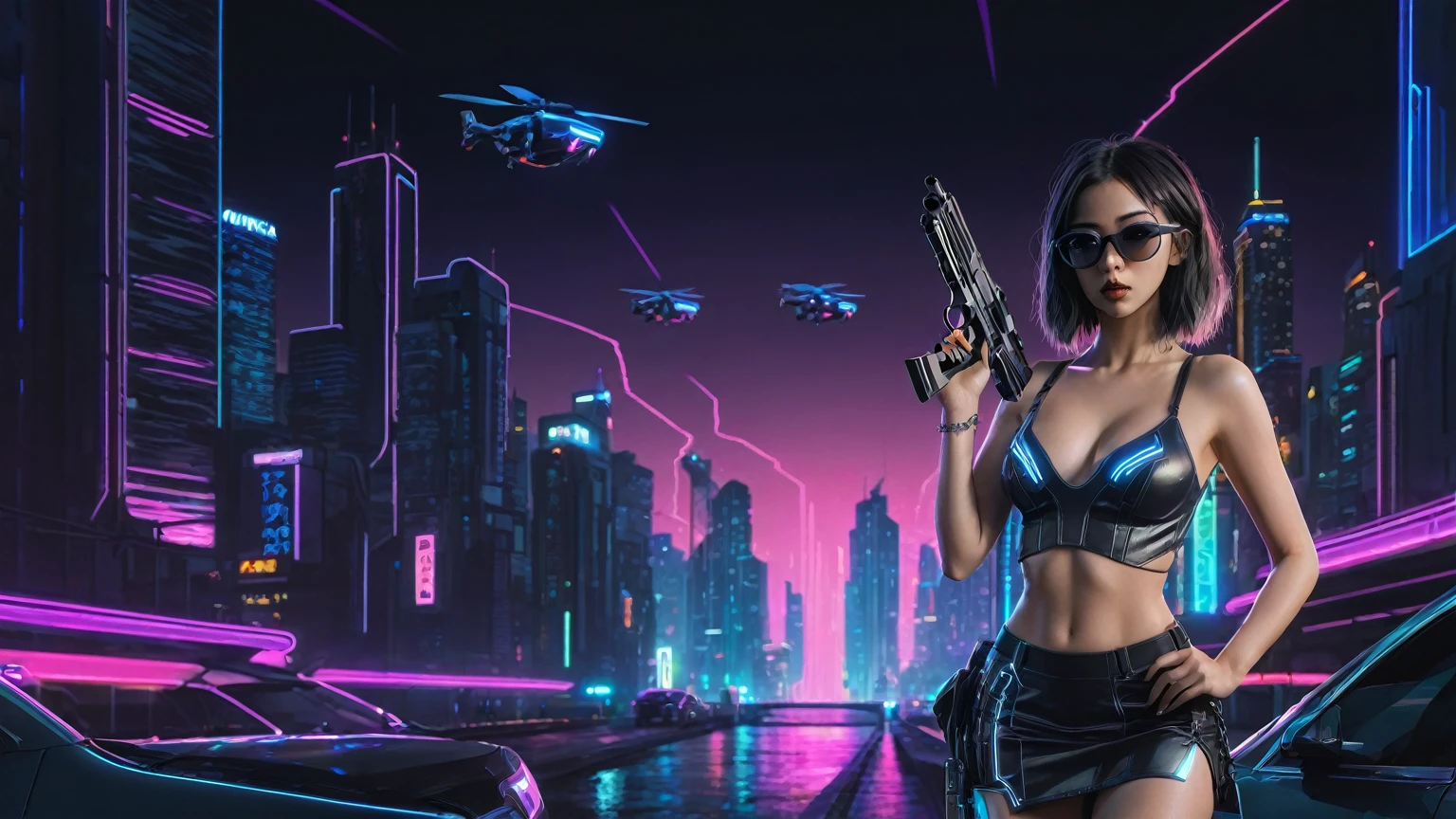 At night, simple outlined cyberpunk city, flying cars, neon waterfall, line art background. (1girl, solo), photo realistic, medium-breast:1.3 slim body, cleavage, sling top, miniskirt, black sunglasses, holding a short gun, half-body thigh level medium shot, cinematic lighting, ray tracing.