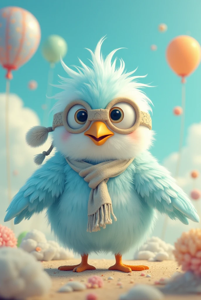 The head is a baby bird old man、The eyes are Gojo Satoru's blindfold.、The body is light blue、Mascots
