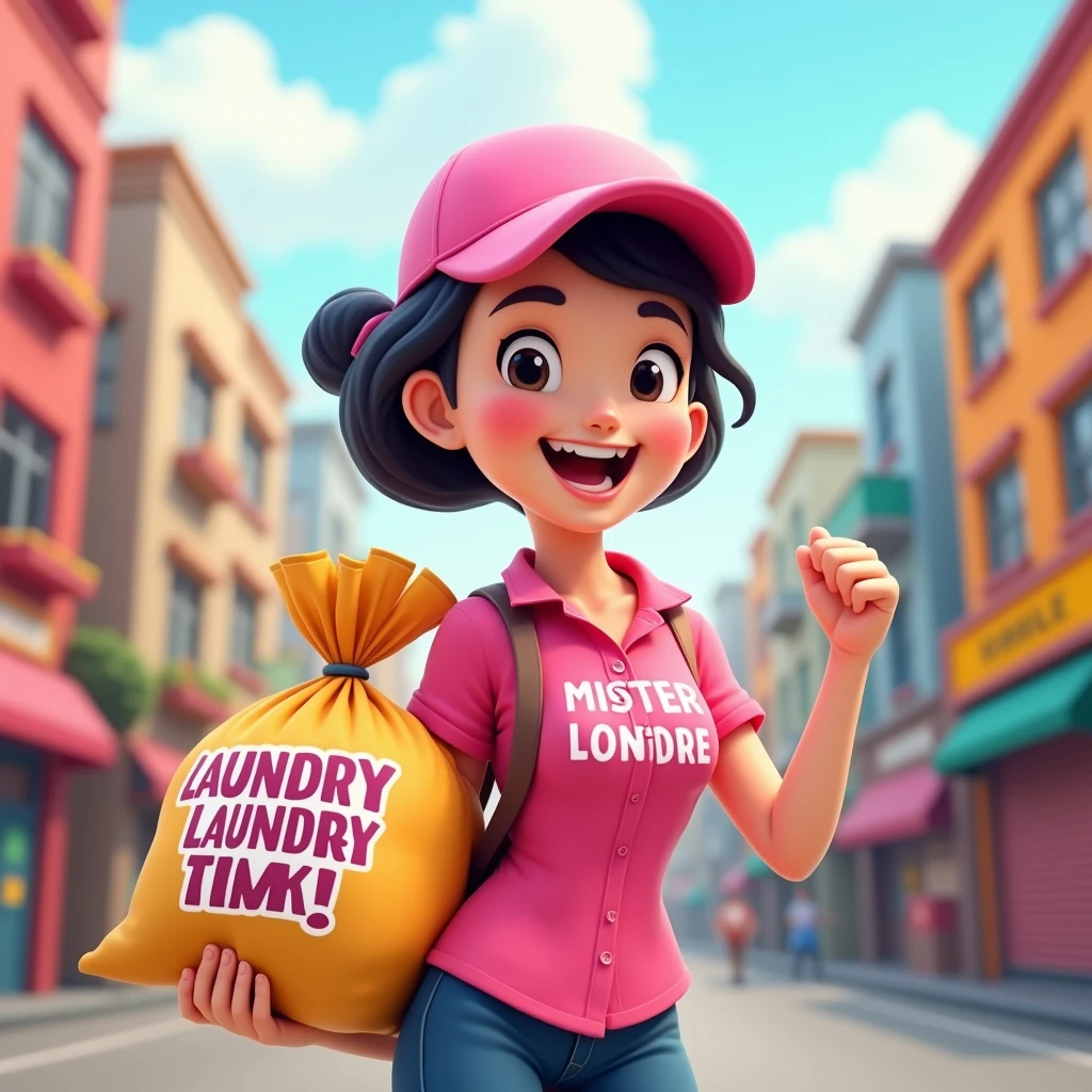 3D cartoon, HD, a chinese woman as a laundry courier, wearing a pink shirt, carrying a laundry bag MISTER LONDRE , says "LAUNDRY TIME KAK" , no logo in caps