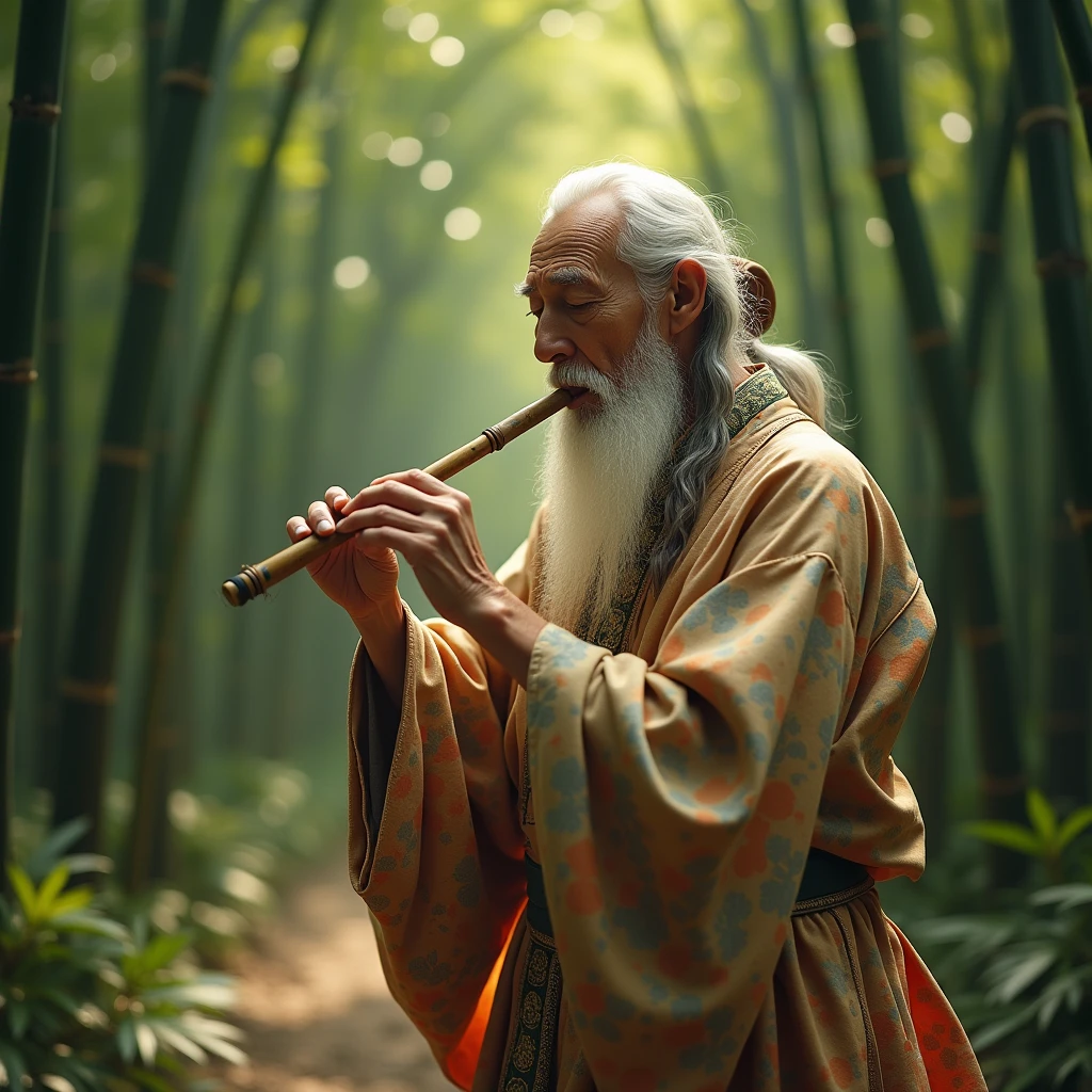 (A scene of a bamboo forest with a fantastical atmosphere;1.2)、Cool sounds echo from the bamboo grove.、An old man, a spirit of the bamboo, plays a bamboo flute.、Bamboo leaves rustle and fall in time with the melody.、The old man wears a strange garment, resembling both a Japanese kimono and a hermit's robe.、(A bamboo forest background with a fantastical atmosphere)、(Highest quality、masterpiece)、4K、wallpaper、