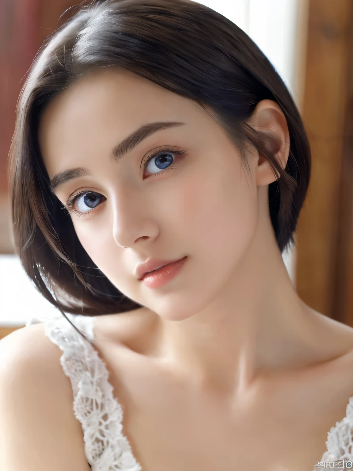 (((32k,high details,high detail、masterpiece,attention to detail,alone))),Raw photo & realistic atmosphere,beautiful dark blue eyes,detailed mouth,glossy lips,thin eyebrows,fine eyes、Soft white skin that shines in every detail、Her deep black eyes are very beautiful,lip details、very beautiful face,very well-shaped face、lifelike face,shining beautiful lips,beautiful eyebrows,infinite reality, Realistic young gravure idol,she'she'she'she'she'she's a very cute woman , young gravure idol, young gravure idol, Very beautiful and cute 21 year old beautiful girl,incredibly beautiful and classy,21 year old beautiful girl,natural soft light,(shiny hair,,Beautiful and kind eyes:1.5),gentle smile,well-shaped chest,medium long hair,tie hair,beautiful posture,no makeup,think ahead,A little camera gaze