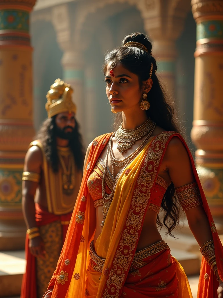"Create an intense and emotional scene set in the epic Mahabharata. Depict Draupadi in distress during the Chir Haran (disrobing) in a grand royal court filled with spectators. Lord Krishna should be shown miraculously providing an endless sari to Draupadi, protecting her dignity. Draupadi is dressed in traditional attire with tears in her eyes, while Krishna appears divine, with a serene expression, emitting a soft, glowing aura. The setting should have traditional Indian architectural elements, with vibrant colors and intricate designs reflecting the period."