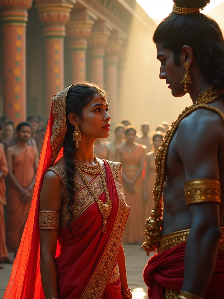 "Create an intense and emotional scene set in the epic Mahabharata. Depict Draupadi in distress during the Chir Haran (disrobing) in a grand royal court filled with spectators. Lord Krishna should be shown miraculously providing an endless sari to Draupadi, protecting her dignity. Draupadi is dressed in traditional attire with tears in her eyes, while Krishna appears divine, with a serene expression, emitting a soft, glowing aura. The setting should have traditional Indian architectural elements, with vibrant colors and intricate designs reflecting the period."