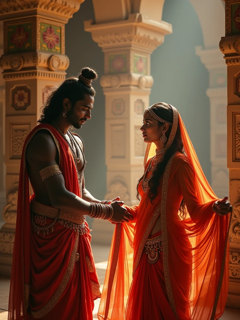"Create an intense and emotional scene set in the epic Mahabharata. Depict Draupadi in distress during the Chir Haran (disrobing) in a grand royal court filled with spectators. Lord Krishna should be shown miraculously providing an endless sari to Draupadi, protecting her dignity. Draupadi is dressed in traditional attire with tears in her eyes, while Krishna appears divine, with a serene expression, emitting a soft, glowing aura. The setting should have traditional Indian architectural elements, with vibrant colors and intricate designs reflecting the period."