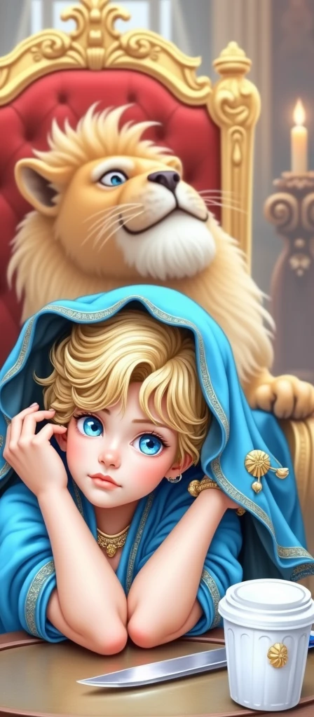 (photorealism:1.2), beautiful boy, sitting in king 👑 chair wearing jewelleries and handling lion and holding on knife 🗡️