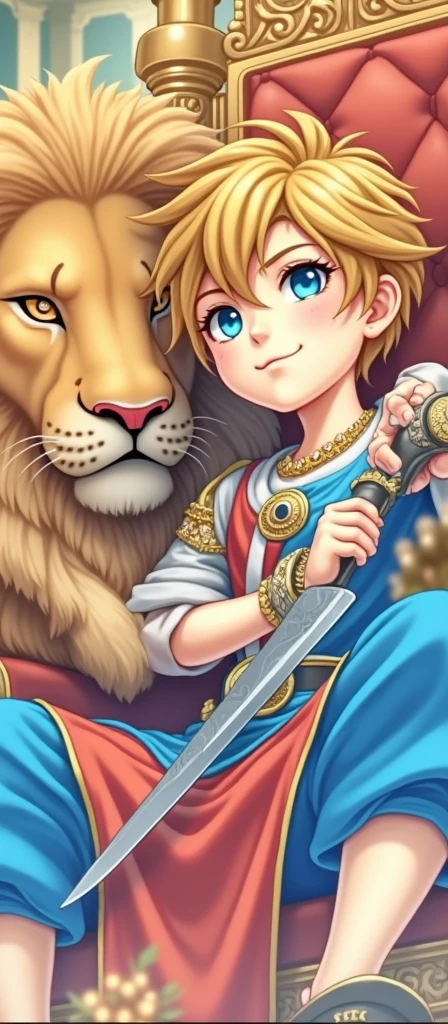 (photorealism:1.2), beautiful boy, sitting in king 👑 chair wearing jewelleries and handling lion and holding on knife 🗡️