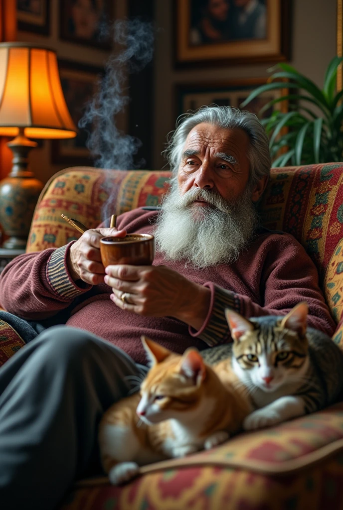 A very thin Mexican old man with a beard smoking and drinking in a middle-class house accompanied by many cats, horizontal image