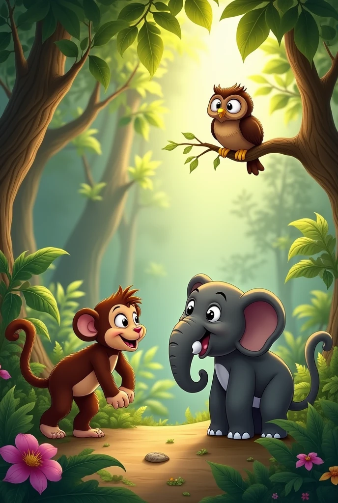 Elephant and monkey talking with owl and owl on a tree branch and monkey and elephant on the ground 