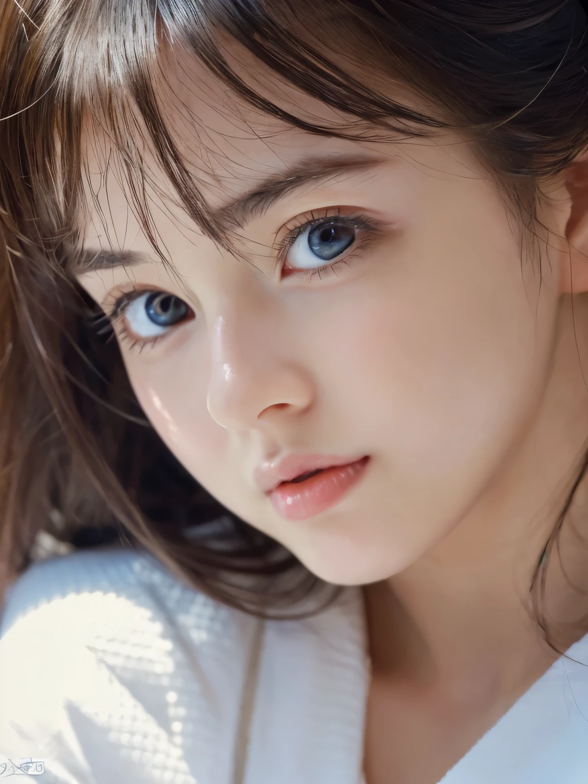 (((32k,high details,high detail、masterpiece,attention to detail,alone))),Raw photo & realistic atmosphere,beautiful dark blue eyes,detailed mouth,glossy lips,thin eyebrows,fine eyes、Soft white skin that shines in every detail、Her deep black eyes are very beautiful,lip details、very beautiful face,very well-shaped face、lifelike face,shining beautiful lips,beautiful eyebrows,infinite reality, Realistic young gravure idol,she'she'she'she'she'she's a very cute woman , young gravure idol, young gravure idol, Very beautiful and cute 21 year old beautiful girl,incredibly beautiful and classy,21 year old beautiful girl,natural soft light,(shiny hair,,Beautiful and kind eyes:1.5),gentle smile,well-shaped chest,medium long hair,tie hair,beautiful posture,no makeup,think ahead,A little camera gaze