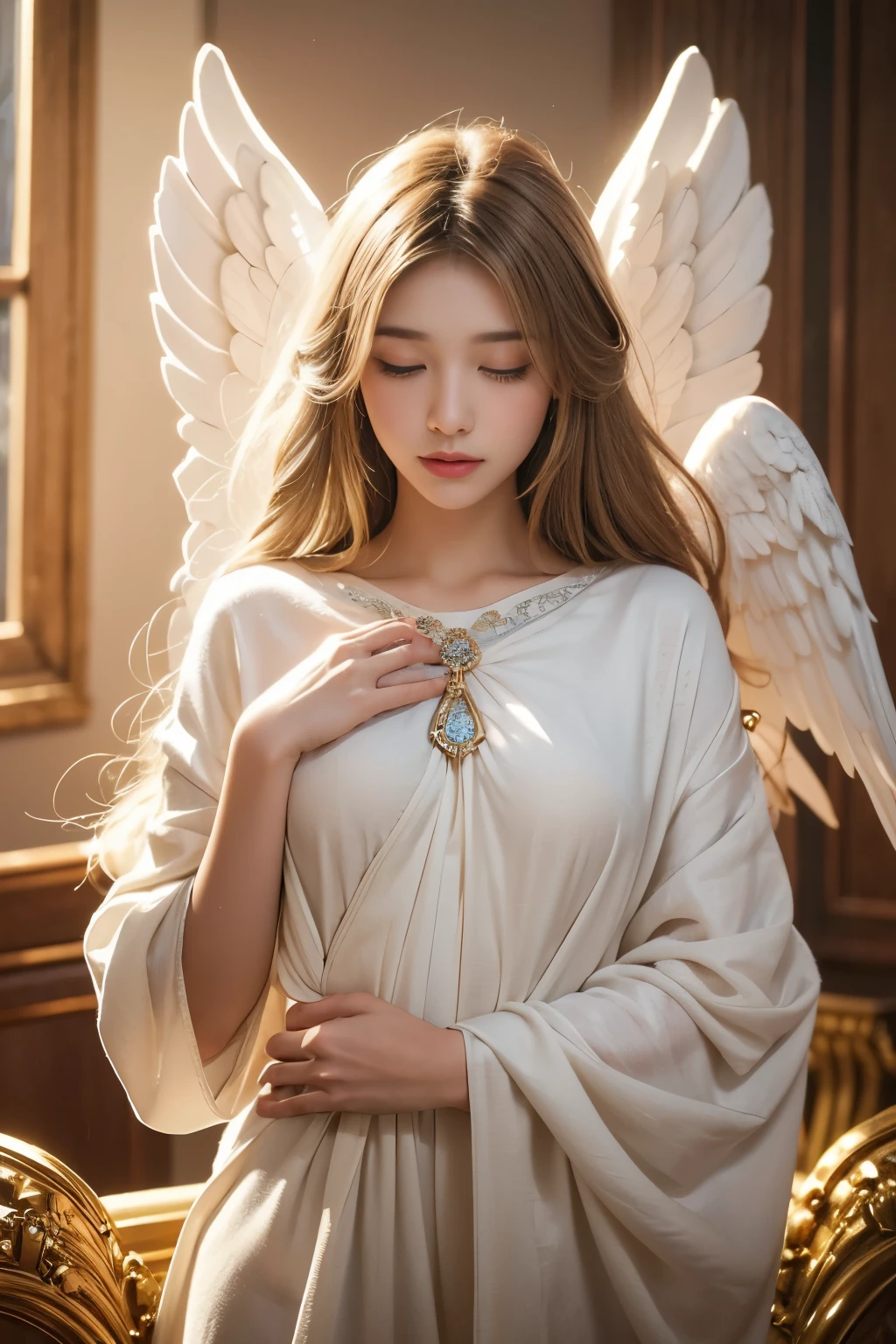 Please create an image of a mysterious and enigmatic angel. This angel should be bathed in an ethereal, radiant light that exudes an aura of celestial mystery and wonder. The angel's pose, setting, and appearance can all contribute to the sense of mystique. Push the boundaries of color, luminosity, and intricate detailing to craft an image that captivates the viewer's imagination and conveys the angel as a divine enigma. Your artistic skills are crucial in bringing this enigmatic angelic vision to life