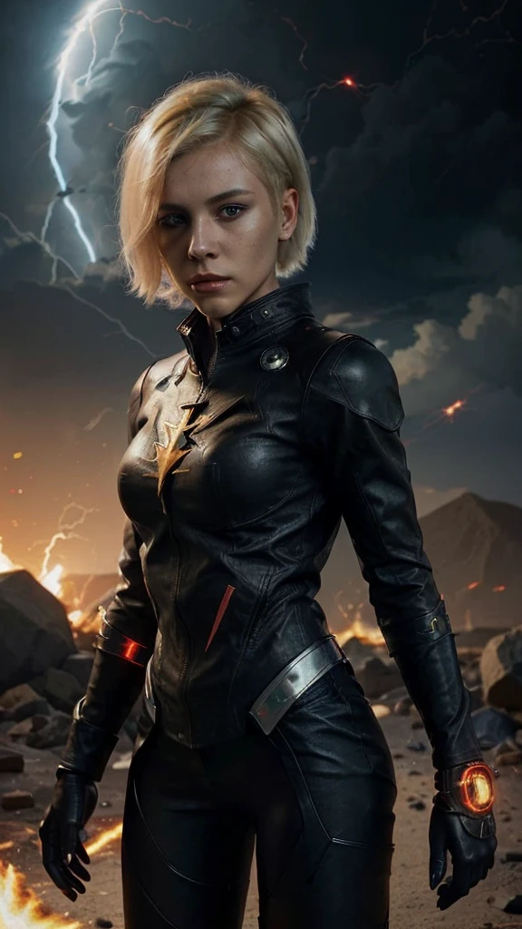 A woman with short, shaved on one side and bleached blonde hair, wearing a red t-shirt with a lightning bolt symbol in the middle, a leather jacket, one sleeve of the jacket ripped to reveal a robotic arm