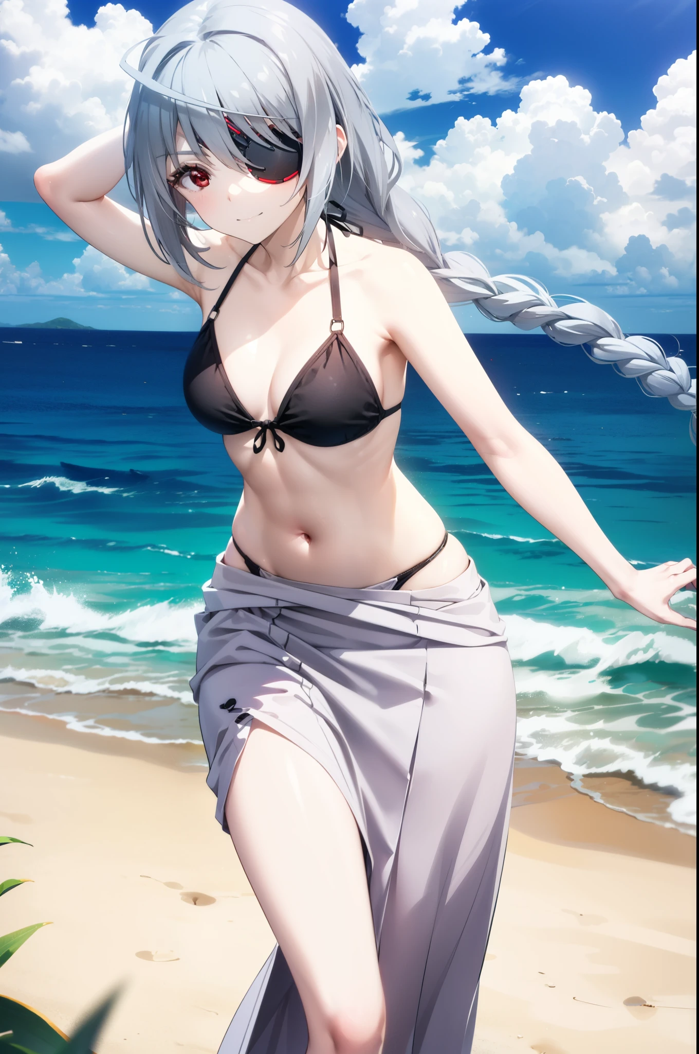 Laurabodewig, Laura Bodewig, (Red eyes:1.3), Long, thick braids,Grey Hair, Eye patch,smile,Black string bikini swimsuit,Belly button,abdomen,A thin long skirt is wrapped around her waist,Handgun Holster,Strolling on the sandy beach,Walking,whole bodyがイラストに入るように,,
break outdoors, Beach,
break looking at viewer, whole body,
break (masterpiece:1.2), Highest quality, High resolution, unity 8k wallpaper, (figure:0.8), (Beautiful attention to detail:1.6), Highly detailed face, Perfect lighting, Highly detailed CG, (Perfect hands, Perfect Anatomy),