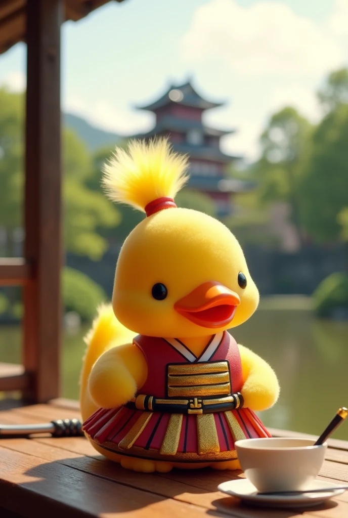 Yellow soft fur duck with pony tail hair wearing gold and red samurai costume sitting with japanese table in front, tea cup and japanese sword on the japanese table, zen garden background with japanese castle